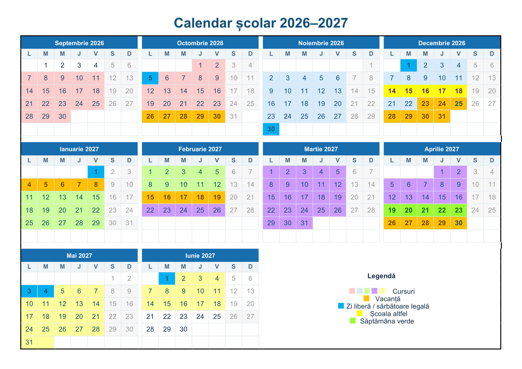 Structura anului școlar 2026–2027